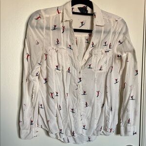 Maeve White Button Down Shirt with Skier Pattern